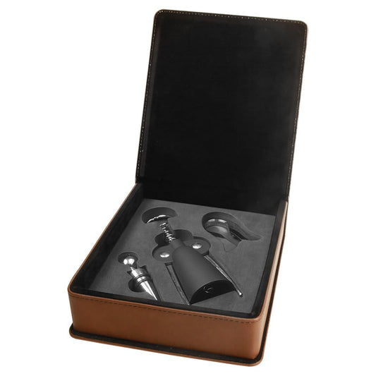 Custom Dark Brown Leatherette 3-Piece Wine Tool Set - Leatherette