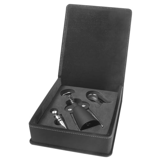 Custom Black/Gold Leatherette 3-Piece Wine Tool Set - Leatherette