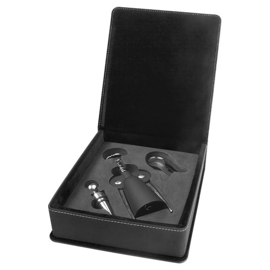 Custom Black/Silver Leatherette 3-Piece Wine Tool Set - Leatherette