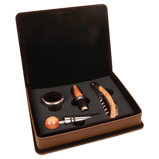 Custom Dark Brown Leatherette 4-Piece Wine Tool Set - Leatherette
