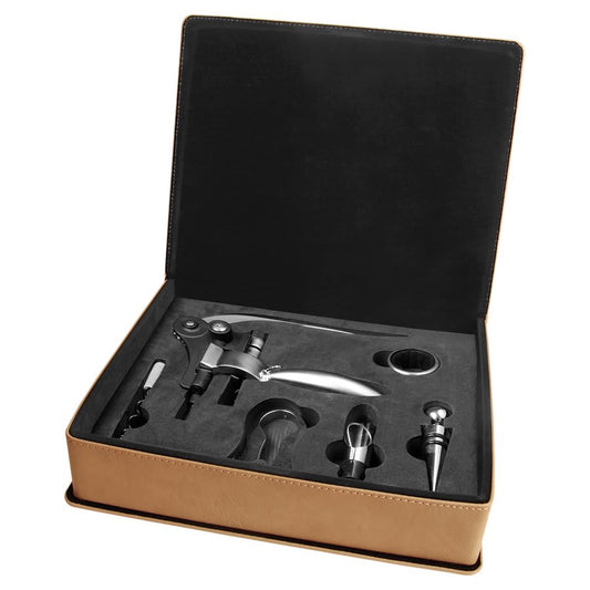 Custom Light Brown Leatherette 5-Piece Wine Tool Set - Leatherette