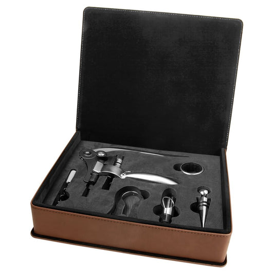 Custom Dark Brown Leatherette 5-Piece Wine Tool Set - Leatherette