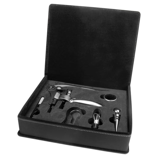 Custom Black/Silver Leatherette 5-Piece Wine Tool Set - Leatherette